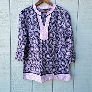 Talbots Medallion Floral Mixed Print Tunic Top sz S Blue Purple Coastal Chic